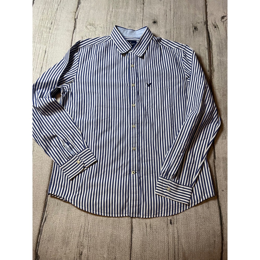 American Eagle Button Down Shirt Mens Large Blue‎ White Striped Classic Fit